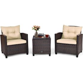 3 Pieces Patio Furniture Set, PE Rattan Wicker 3 Pcs Outdoor Sofa Set w/Washable Cushion and Tempered Glass Tabletop