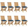 Patio Chairs with Blue Cushions 8 pcs Solid Teak Wood