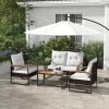 4 Piece Patio Furniture Set with 2 Chairs, Two-seater Sofa, Wooden Table, Tufted Cushions, Backyard Outdoor Set, White