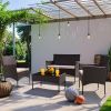 Patio Furniture 4 Pieces Conversation Sets, Outdoor Wicker Rattan Chairs, Garden Loveseat with Soft Cushion and Glass Table