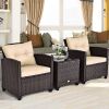 3 Pieces Patio Furniture Set, PE Rattan Wicker 3 Pcs Outdoor Sofa Set w/Washable Cushion and Tempered Glass Tabletop