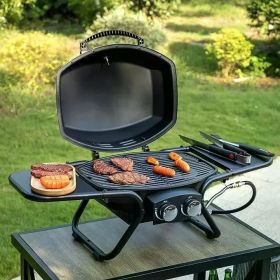 Gas BBQ Grill with Side Burner Porcelain-Enameled Cast Iron Grates,For Outdoor Patio Backyard Barbecue,Stainless Steel (Color: 2BurnerTabletopGrill)