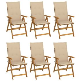Folding Patio Chairs 6 pcs with Cushions Solid Acacia Wood (Color: Beige)