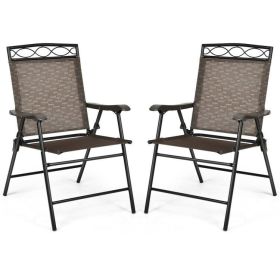 Set of 2 Patio Folding Chairs Sling Portable Dining Chair Set with Armrest (Color: Black)
